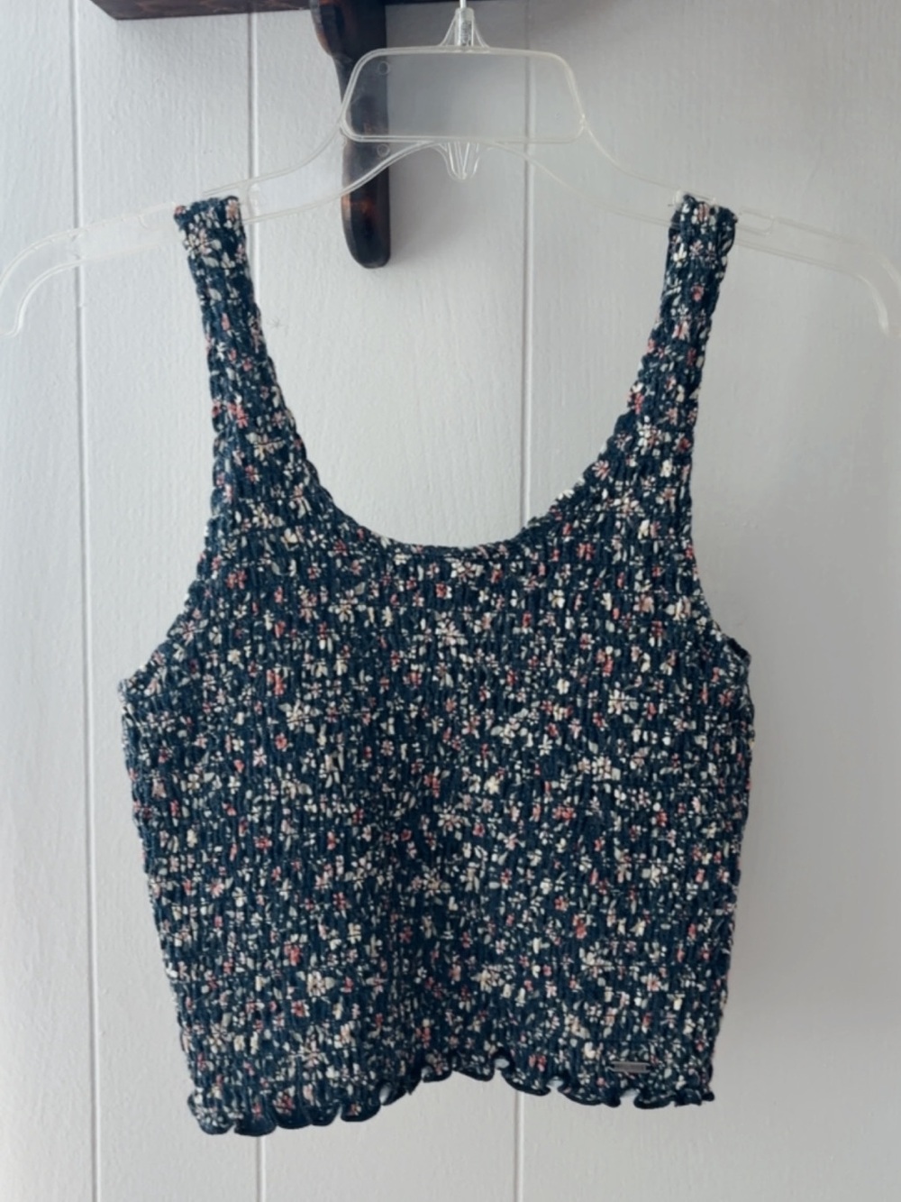 Smocked Floral Cropped Tank Top - Navy with Pink & White Floral